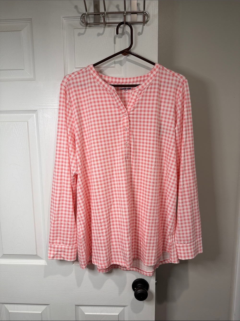Lands' End Pink and White Gingham Henley